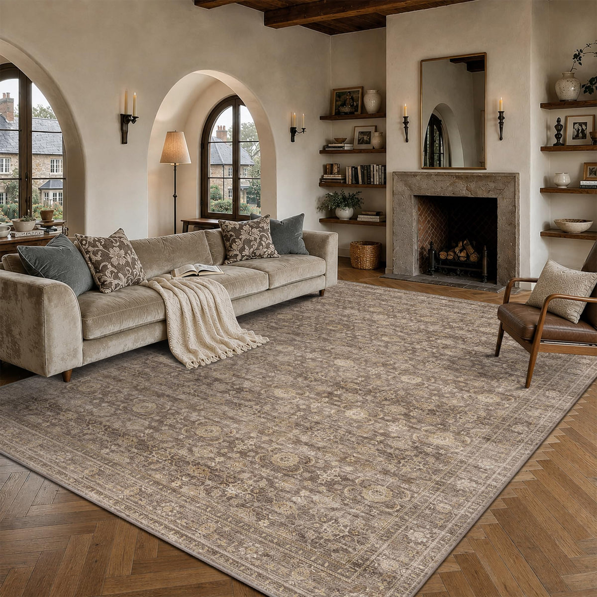 JOOJA 6x9 Brown Vintage Boho Washable Area Rug, Soft Low Pile Floor Carpet