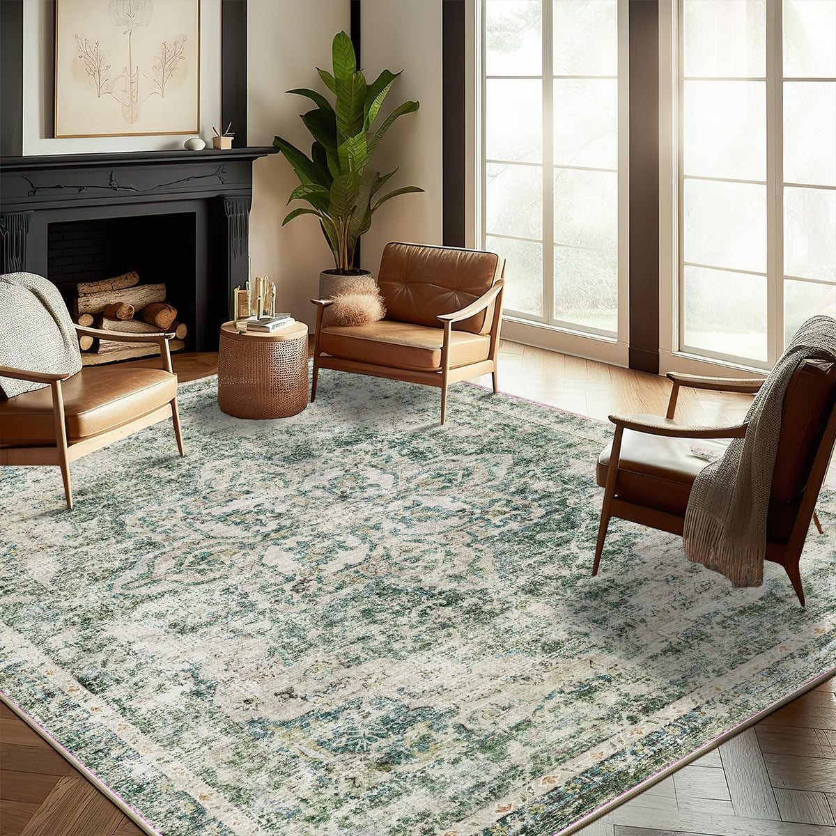 CHAMPLANT 6'x9' Washable Vintage Area Rug Boho Chic Medallion Distressed Design Non-Shedding Easy Care Ideal for High Traffic Areas in Living Room Bedroom Kitchen Office Large Carpet