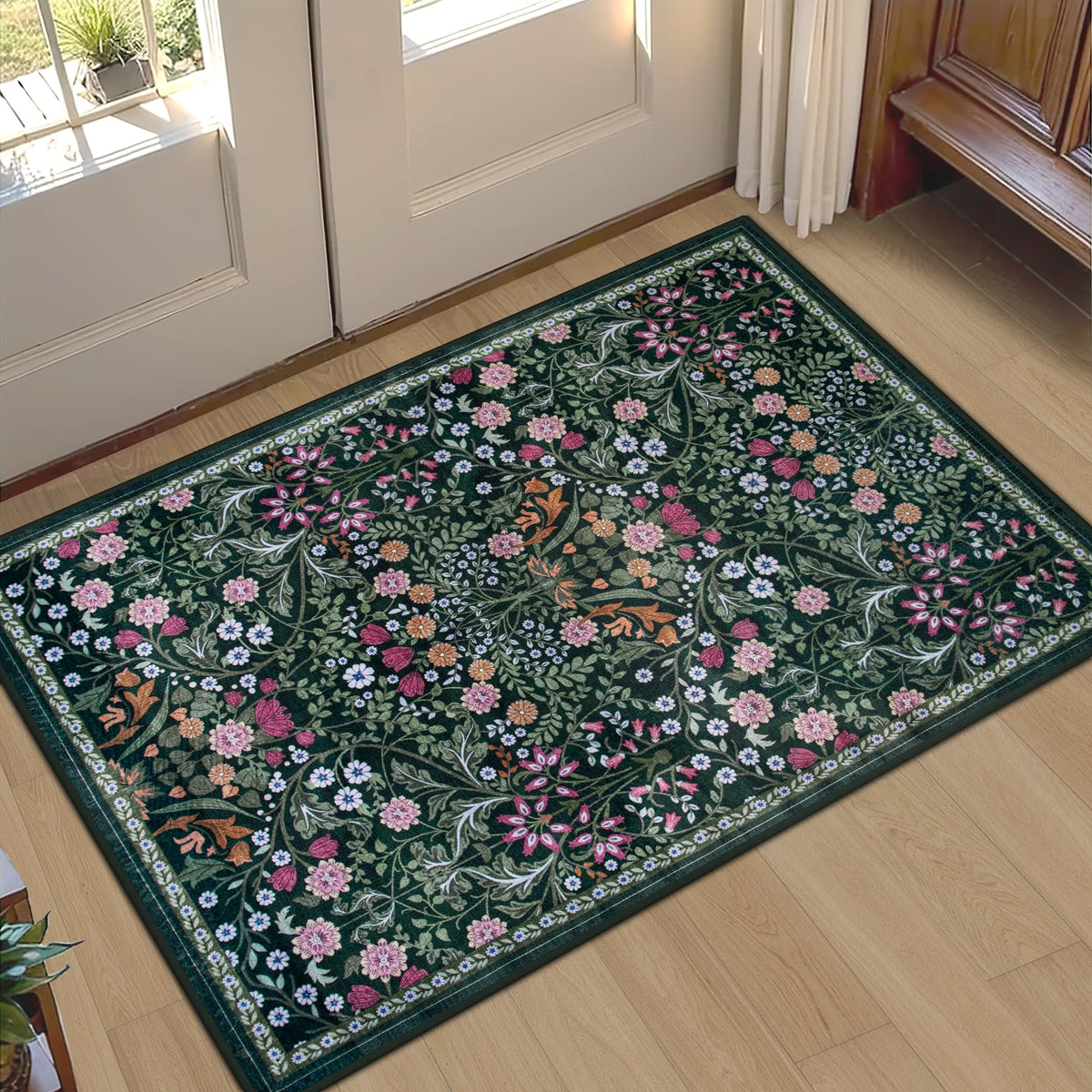 PLHXFR Area Rug Living Room: 5x7 Floral Washable Boho Carpet Dark Green