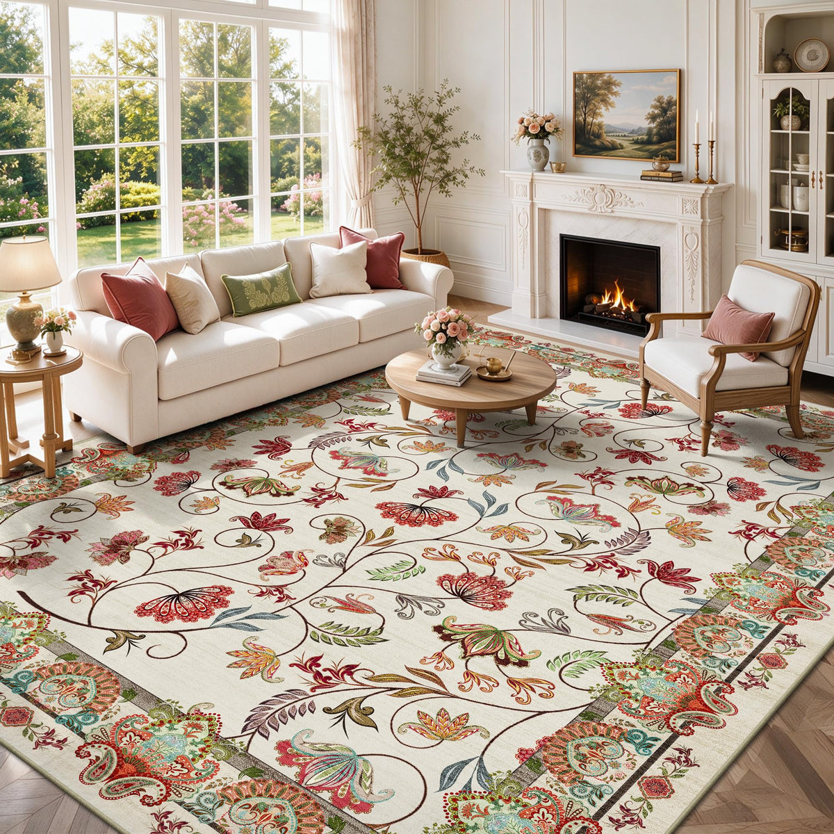 8x10 Area Rugs, Machine Washable Low Pile Floral Rugs for Living Room, Bedroom, Large Boho Area Rug with Non-Slip Backing for Dining Room(Beige Floral)