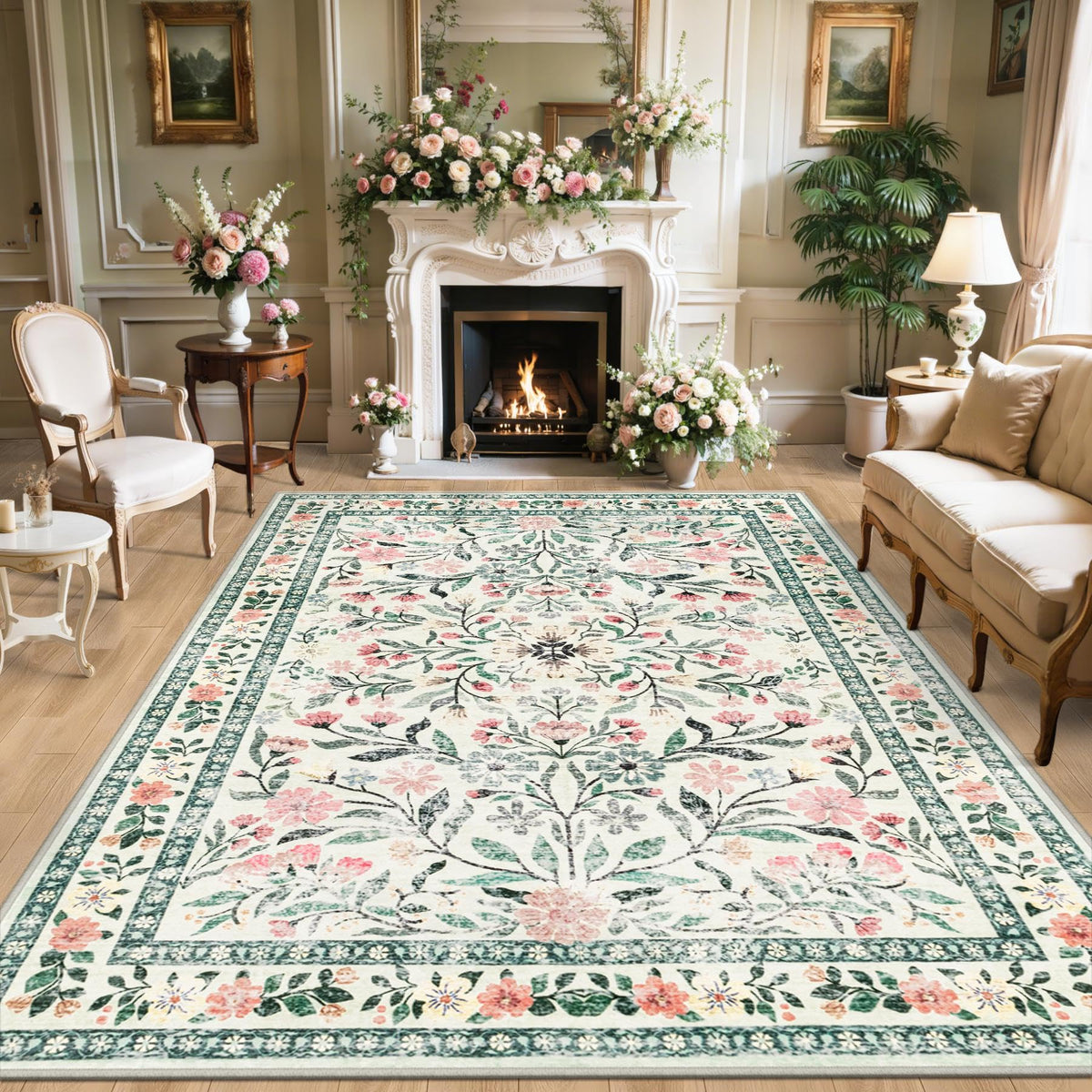 PLHXFR Area Rug Living Room: 5x7 Floral Washable Boho Carpet Dark Green