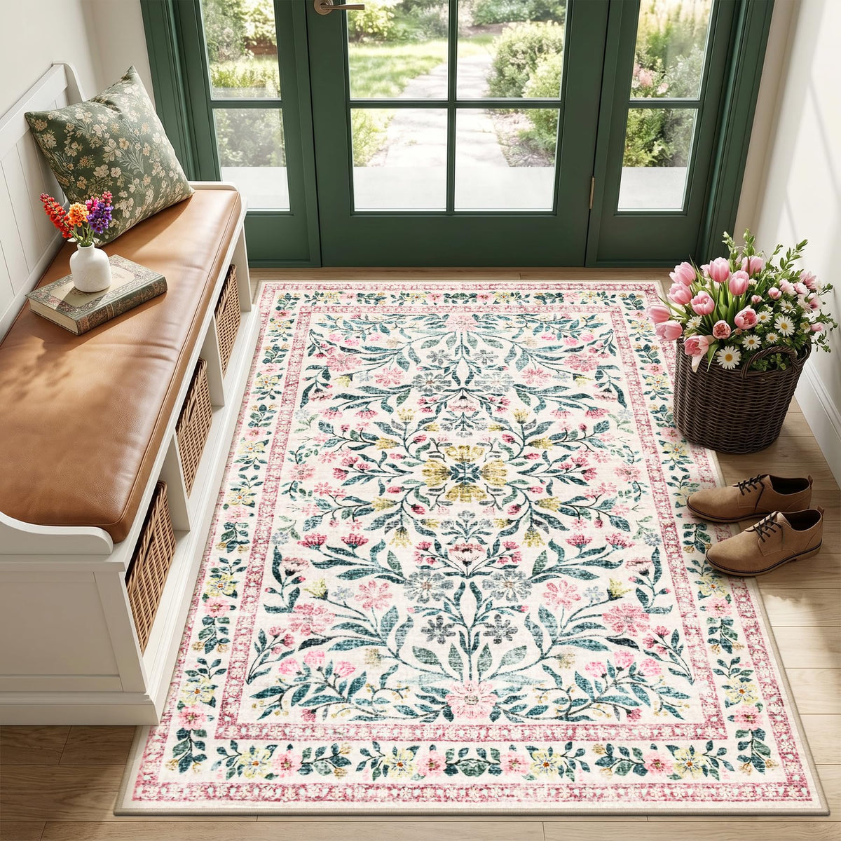 PLHXFR Area Rug Living Room: 5x7 Floral Washable Boho Carpet Dark Green