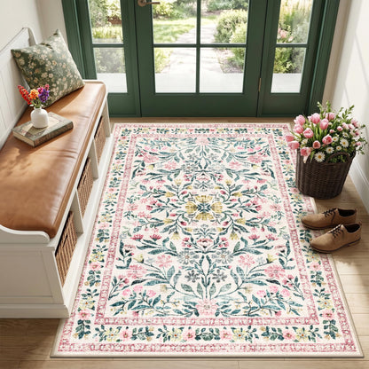 PLHXFR Area Rug Living Room: 5x7 Floral Washable Boho Carpet Dark Green