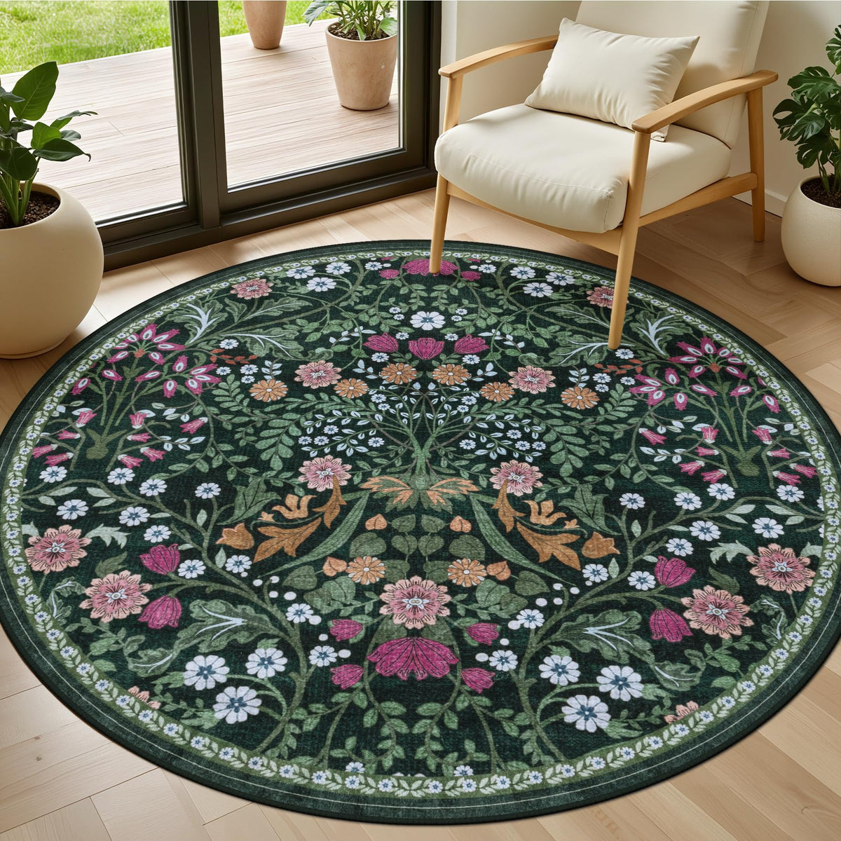 PLHXFR Area Rug Living Room: 5x7 Floral Washable Boho Carpet Dark Green
