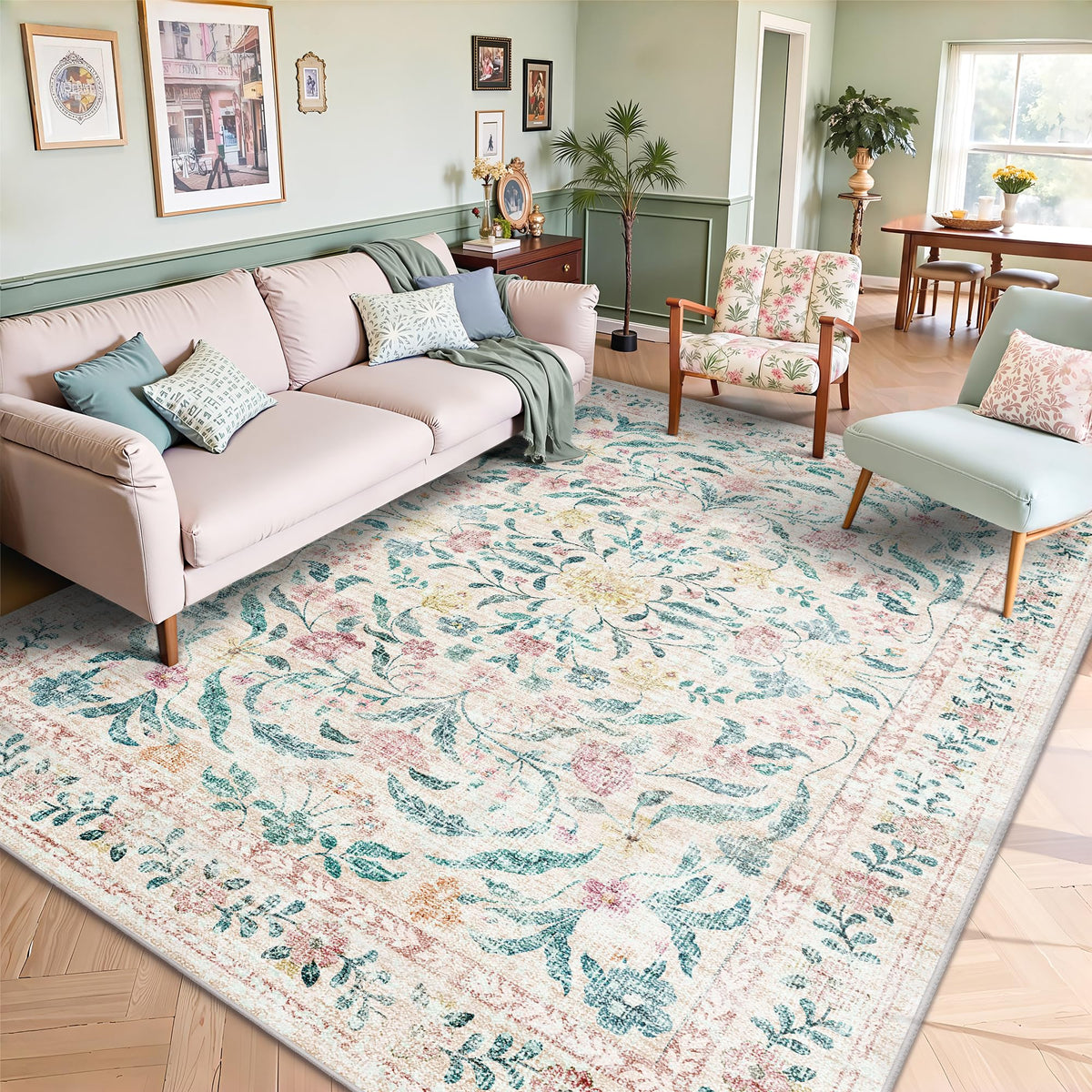 8x10 Area Rugs, Machine Washable Low Pile Floral Rugs for Living Room, Bedroom, Large Boho Area Rug with Non-Slip Backing for Dining Room(Beige Floral)