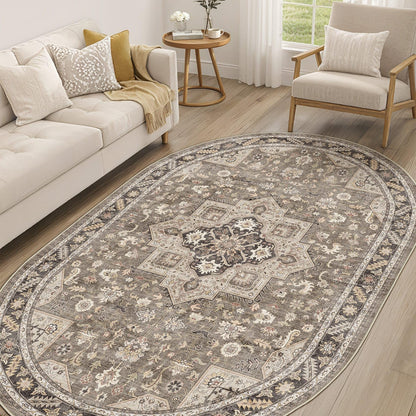 cotiled 5x7 Area Rug for Living Room, Washable, Traditional, Beige
