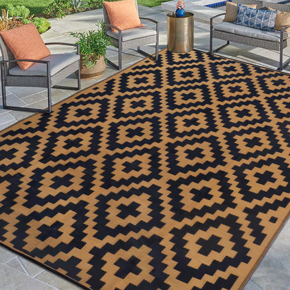 SAND MINE Waterproof Outdoor Rug 5x8 ft, Plastic Reversible Rug, Modern Area Rug, Large Floor Mat for Outdoors, RV, Patio, Backyard, Deck, Picnic, Beach, Camping, Black & Beige
