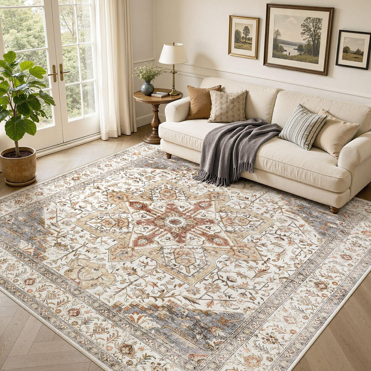 Tortania Area Rug 5x7 Living Room Rug Washable Soft Cream/Blue