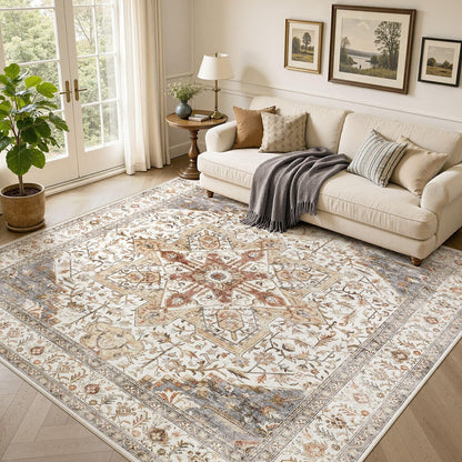 Tortania Area Rug 5x7 Living Room Rug Washable Soft Cream/Blue