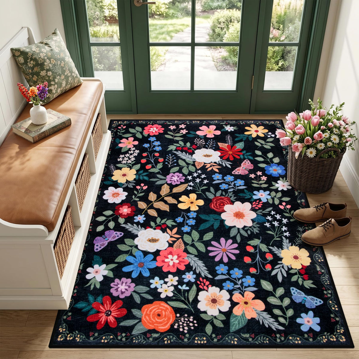 PLHXFR Area Rug Living Room: 5x7 Floral Washable Boho Carpet Dark Green