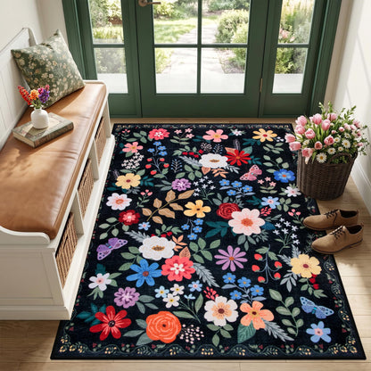 PLHXFR Area Rug Living Room: 5x7 Floral Washable Boho Carpet Dark Green