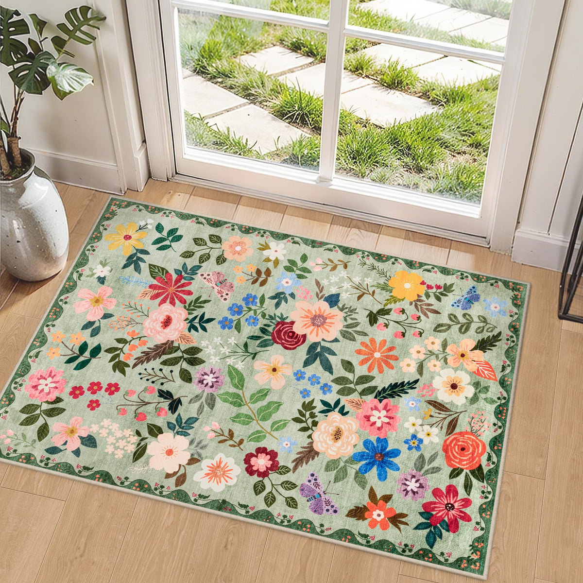 PLHXFR Area Rug Living Room: 5x7 Floral Washable Boho Carpet Dark Green