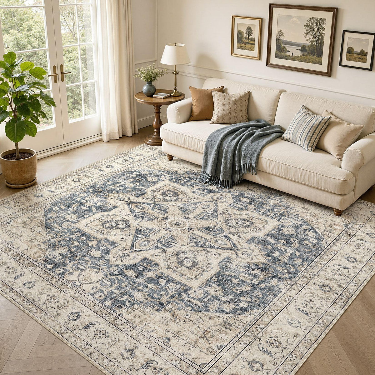 Tortania Area Rug 5x7 Living Room Rug Washable Soft Cream/Blue