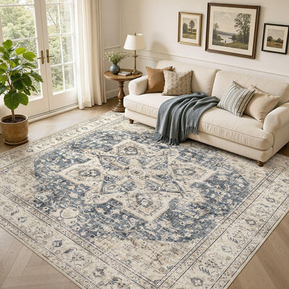 Tortania Area Rug 5x7 Living Room Rug Washable Soft Cream/Blue