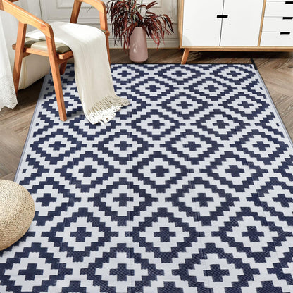 SAND MINE Waterproof Outdoor Rug 5x8 ft, Plastic Reversible Rug, Modern Area Rug, Large Floor Mat for Outdoors, RV, Patio, Backyard, Deck, Picnic, Beach, Camping, Black & Beige