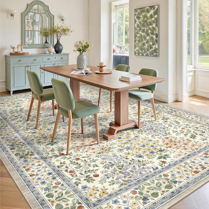 8x10 Area Rugs, Machine Washable Low Pile Floral Rugs for Living Room, Bedroom, Large Boho Area Rug with Non-Slip Backing for Dining Room(Beige Floral)