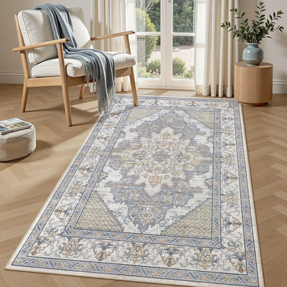 Tortania Area Rug 5x7 Living Room Rug Washable Soft Cream/Blue