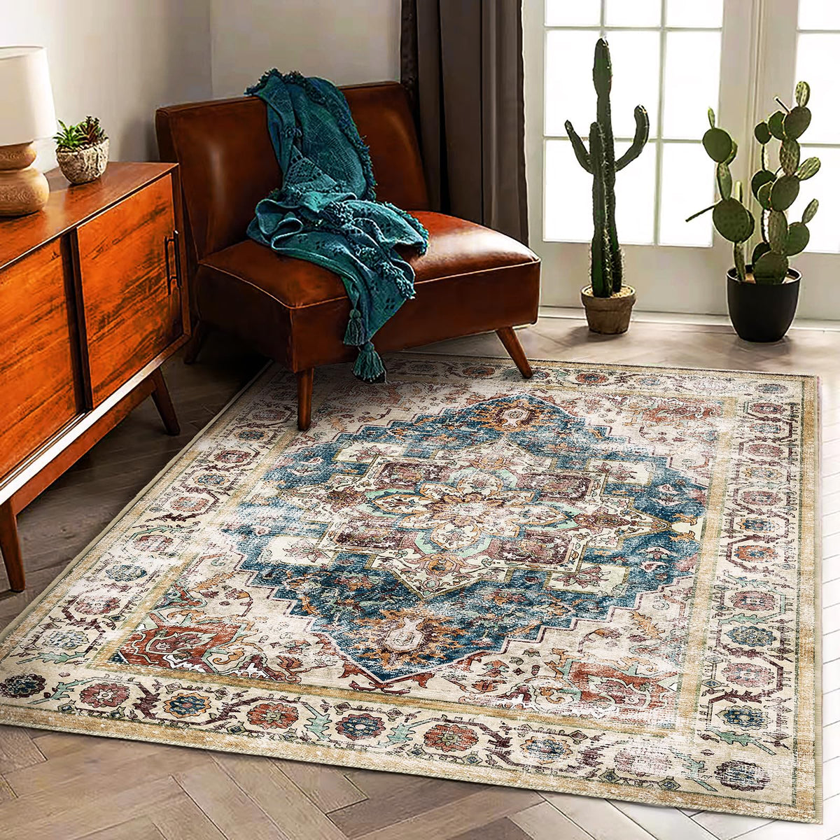 CHAMPLANT 6'x9' Washable Vintage Area Rug Boho Chic Medallion Distressed Design Non-Shedding Easy Care Ideal for High Traffic Areas in Living Room Bedroom Kitchen Office Large Carpet