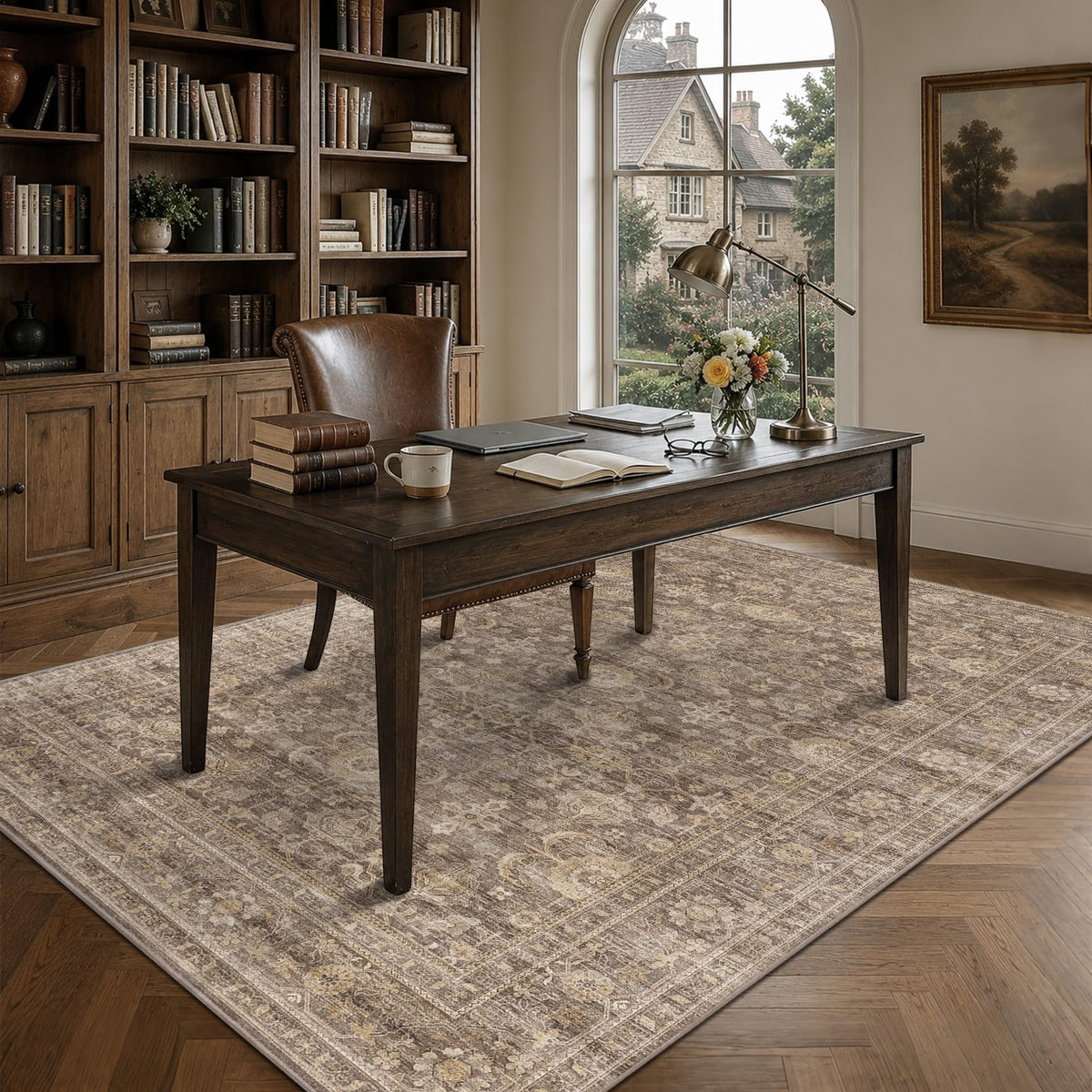JOOJA 6x9 Brown Vintage Boho Washable Area Rug, Soft Low Pile Floor Carpet