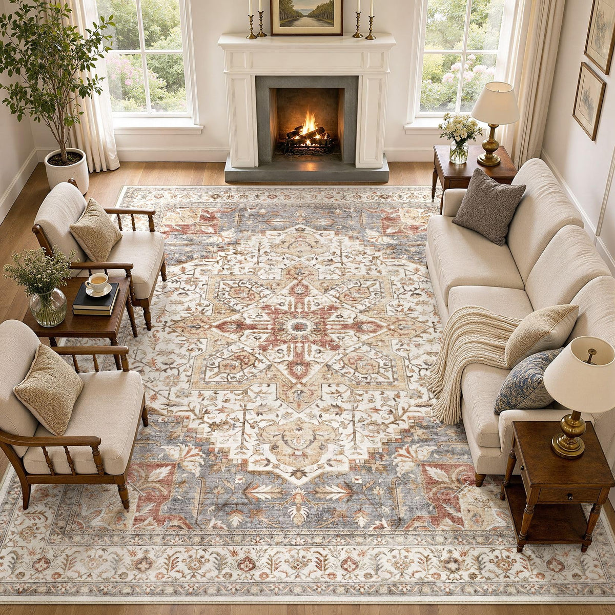 Tortania Area Rug 5x7 Living Room Rug Washable Soft Cream/Blue