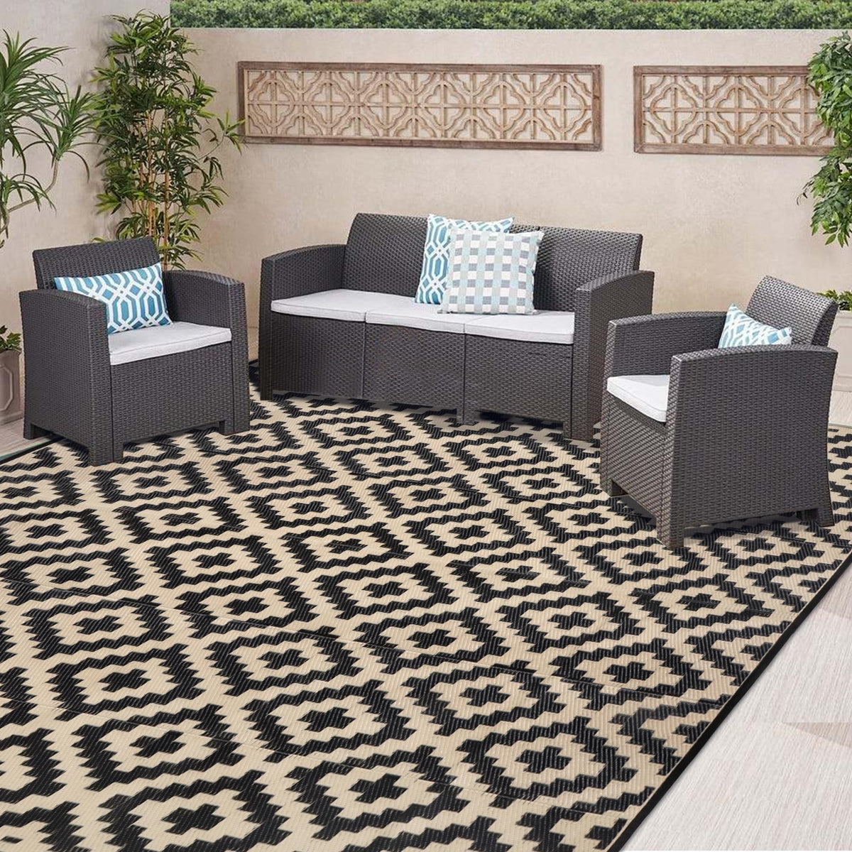 SAND MINE Waterproof Outdoor Rug 5x8 ft, Plastic Reversible Rug, Modern Area Rug, Large Floor Mat for Outdoors, RV, Patio, Backyard, Deck, Picnic, Beach, Camping, Black & Beige