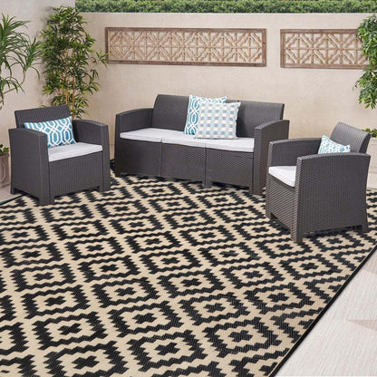 SAND MINE Waterproof Outdoor Rug 5x8 ft, Plastic Reversible Rug, Modern Area Rug, Large Floor Mat for Outdoors, RV, Patio, Backyard, Deck, Picnic, Beach, Camping, Black & Beige