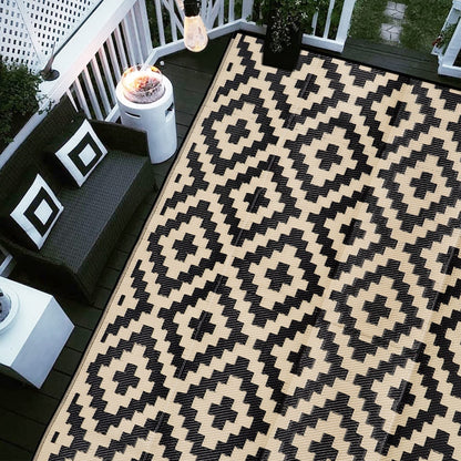 SAND MINE Waterproof Outdoor Rug 5x8 ft, Plastic Reversible Rug, Modern Area Rug, Large Floor Mat for Outdoors, RV, Patio, Backyard, Deck, Picnic, Beach, Camping, Black & Beige