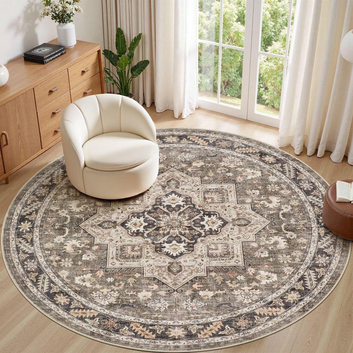 cotiled 5x7 Area Rug for Living Room, Washable, Traditional, Beige