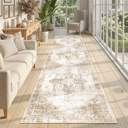 Area Rug 8x10 Washable Rug, Vintage Boho Medallion Rugs Non-Slip Soft Low Pile Large Distressed Rug Indoor Retro Carpet for Living Room Bedroom Dining Room Office Children's Room(Beige, 8'x10')