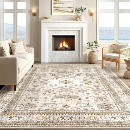 cotiled 5x7 Area Rug for Living Room, Washable, Traditional, Beige