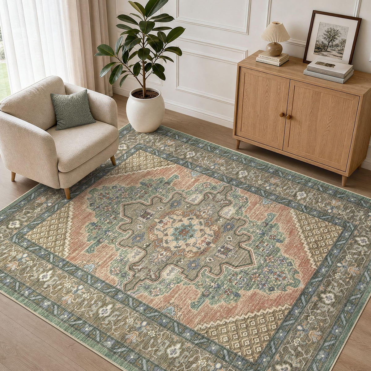 Tortania Area Rug 5x7 Living Room Rug Washable Soft Cream/Blue