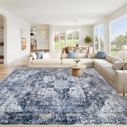 Area Rug 8x10 Washable Rug, Vintage Boho Medallion Rugs Non-Slip Soft Low Pile Large Distressed Rug Indoor Retro Carpet for Living Room Bedroom Dining Room Office Children's Room(Beige, 8'x10')
