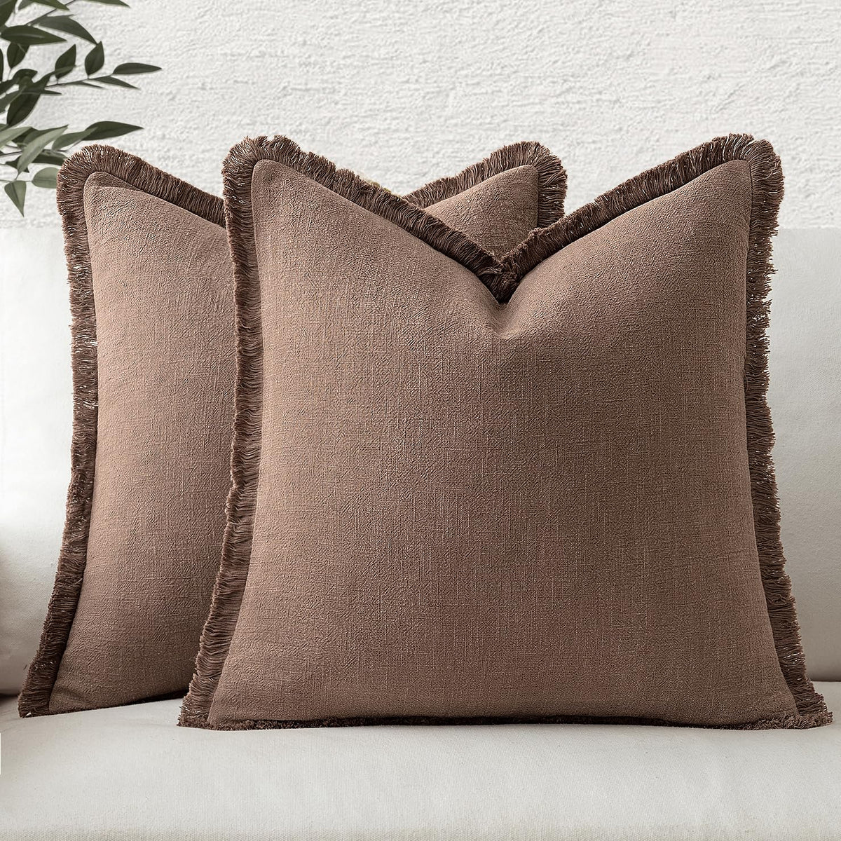 MIULEE Linen Fringe Decorative Throw Pillow Covers Natural Beige 20x20