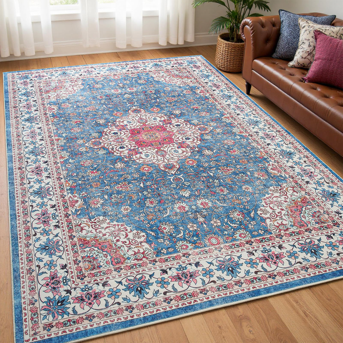 Goideal Washable Rug 4x6, Beige Area Rugs Non Slip, Indoor Low Pile Carpet with Rubber Backing for Living Room Kitchen Bathroom Entryway Office Bedroom