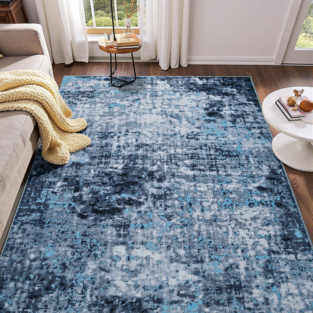 Modern Abstract 3x5 Rug, Non Slip Entryway Rug, Soft Machine Washable Rugs for Indoor Entry, Low Pile Stain Resistant Distressed Rug for Living Room, Bedroom, Dark Grey Blue