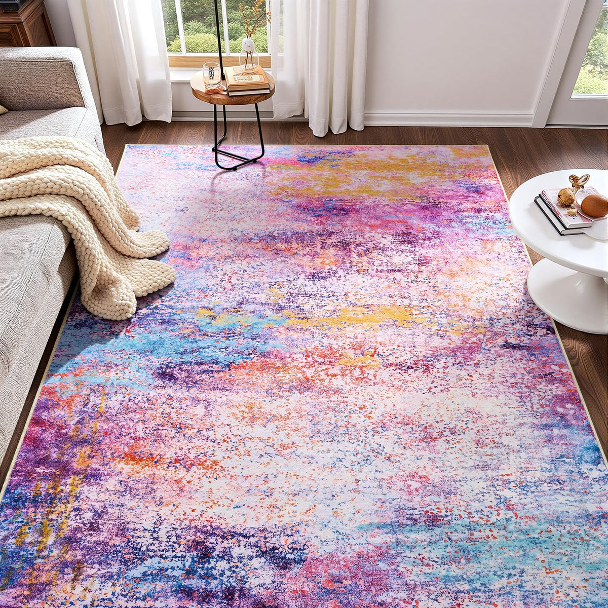 Modern Abstract 3x5 Rug, Non Slip Entryway Rug, Soft Machine Washable Rugs for Indoor Entry, Low Pile Stain Resistant Distressed Rug for Living Room, Bedroom, Dark Grey Blue