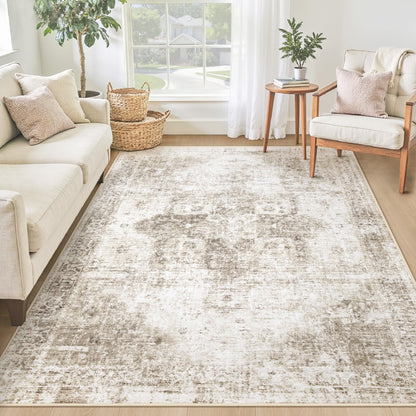 Area Rug 8x10 Washable Rug, Vintage Boho Medallion Rugs Non-Slip Soft Low Pile Large Distressed Rug Indoor Retro Carpet for Living Room Bedroom Dining Room Office Children's Room(Beige, 8'x10')