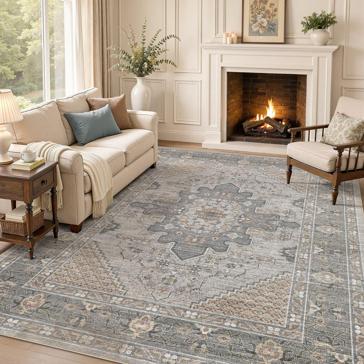 Tortania Area Rug 5x7 Living Room Rug Washable Soft Cream/Blue
