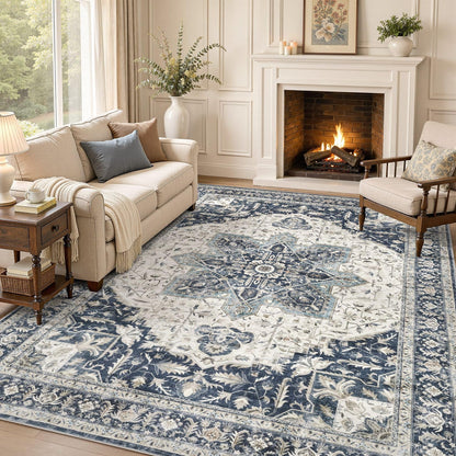 Tortania Area Rug 5x7 Living Room Rug Washable Soft Cream/Blue