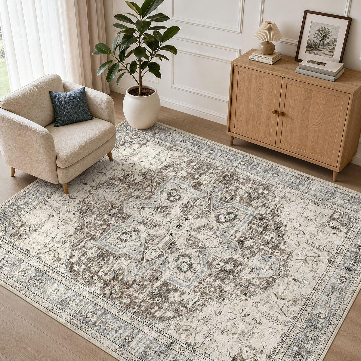 Tortania Area Rug 5x7 Living Room Rug Washable Soft Cream/Blue
