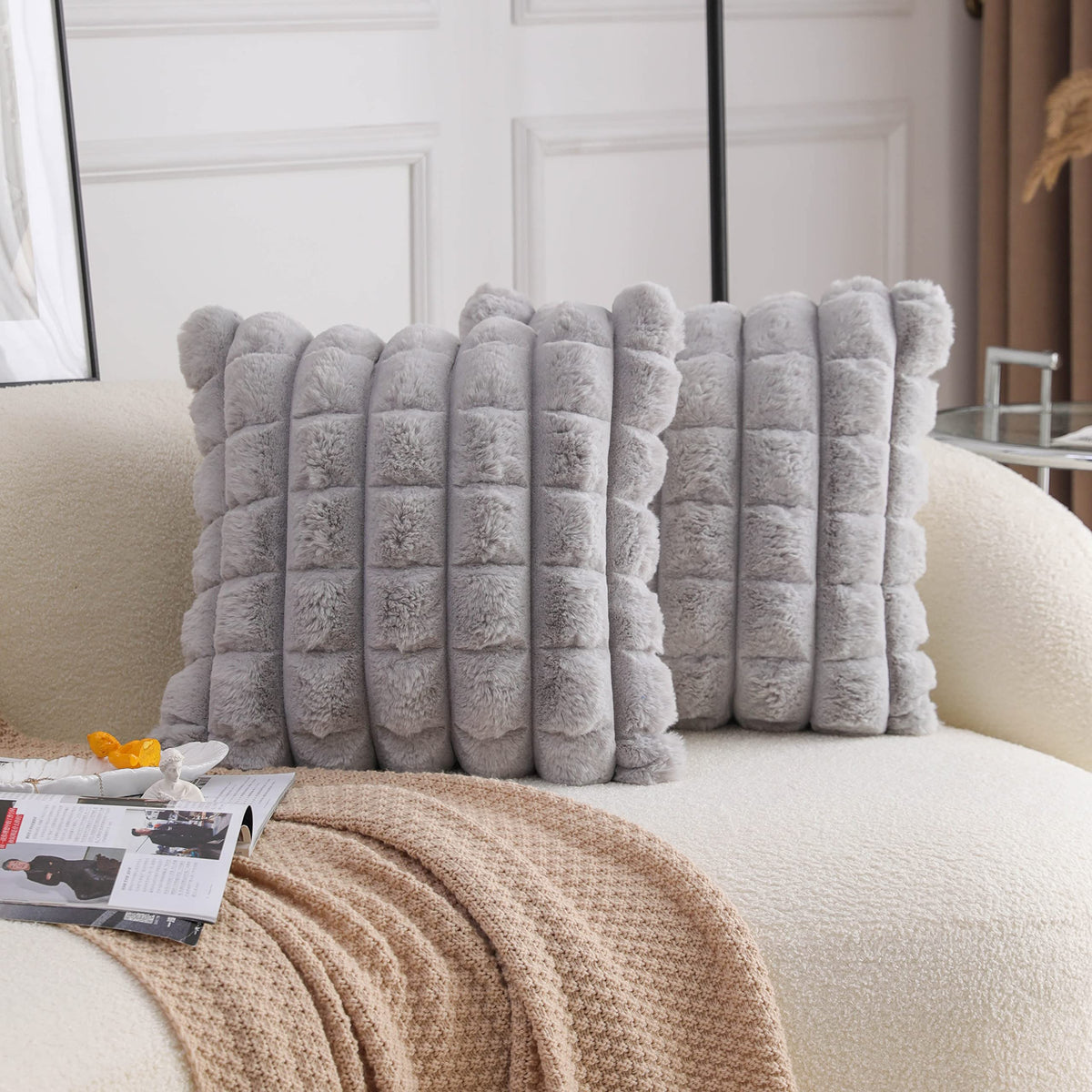 Neelvin Pink Faux Fur Cozy Soft Striped Decorative Throw Pillow Covers 18x18 inch Set of 2,Velvet Pillowcase Cushion Case for Sofa Couch