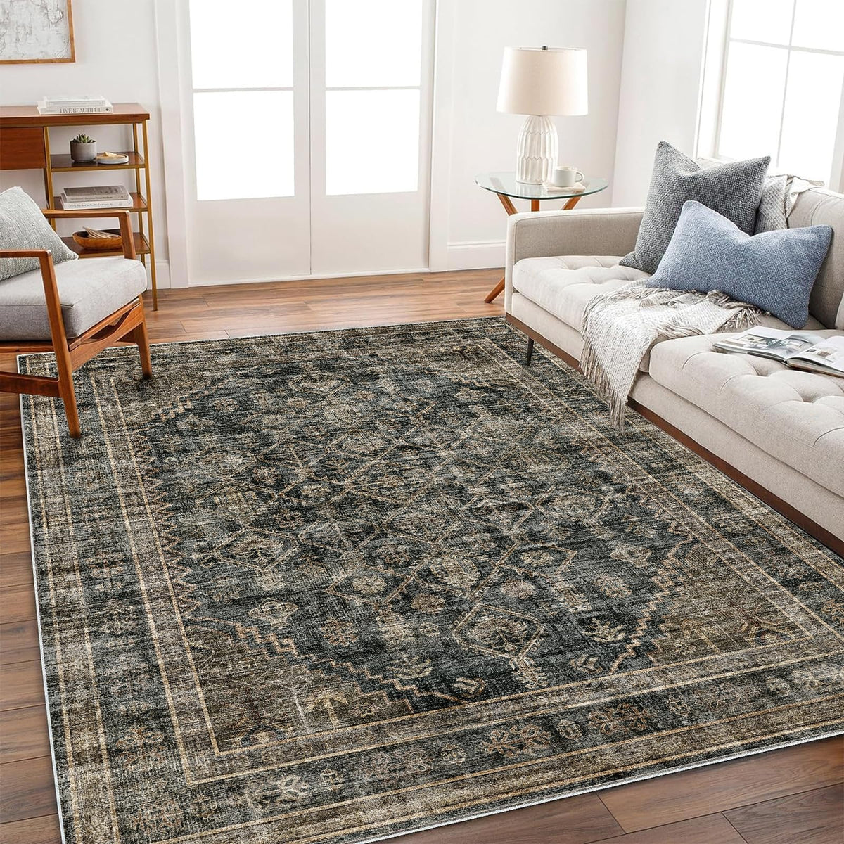 CHAMPLANT 6'x9' Washable Vintage Area Rug Boho Chic Medallion Distressed Design Non-Shedding Easy Care Ideal for High Traffic Areas in Living Room Bedroom Kitchen Office Large Carpet