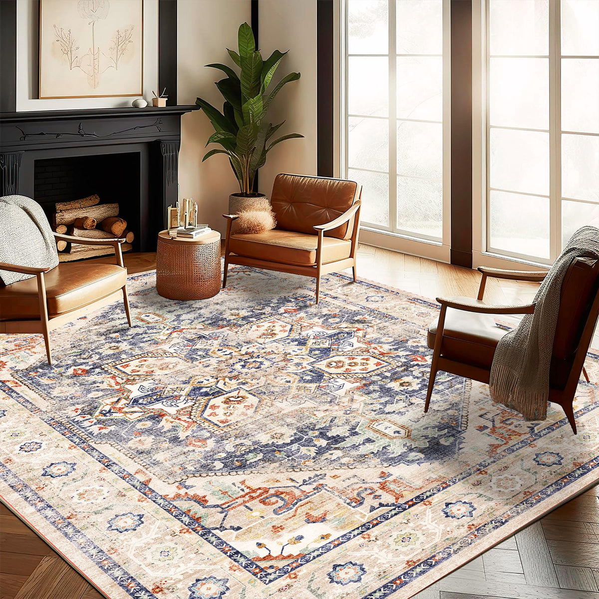 CHAMPLANT 6'x9' Washable Vintage Area Rug Boho Chic Medallion Distressed Design Non-Shedding Easy Care Ideal for High Traffic Areas in Living Room Bedroom Kitchen Office Large Carpet