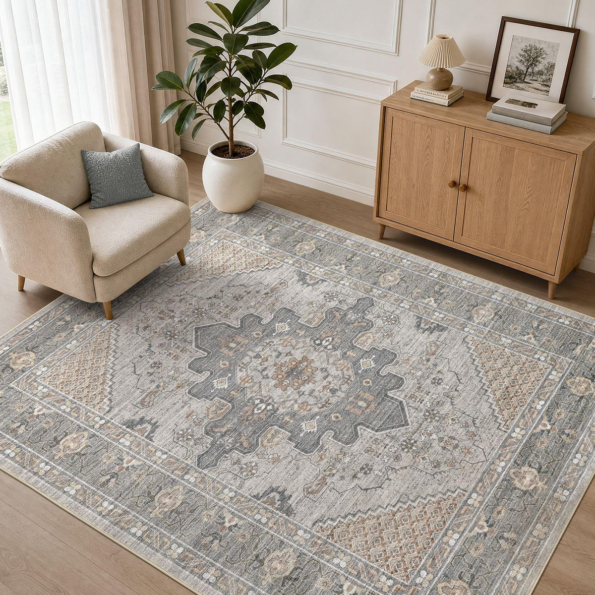 Tortania Area Rug 5x7 Living Room Rug Washable Soft Cream/Blue