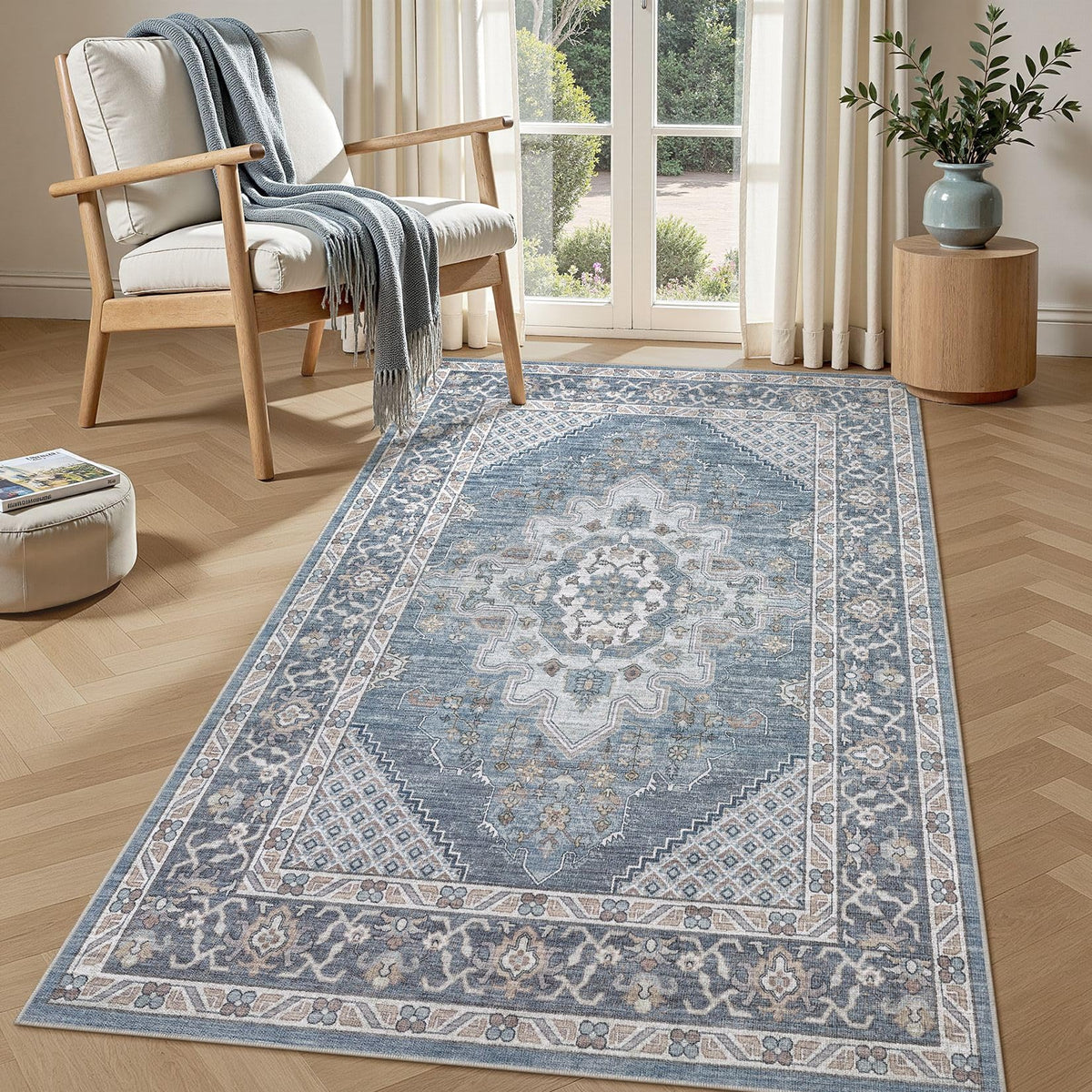 Tortania Area Rug 5x7 Living Room Rug Washable Soft Cream/Blue