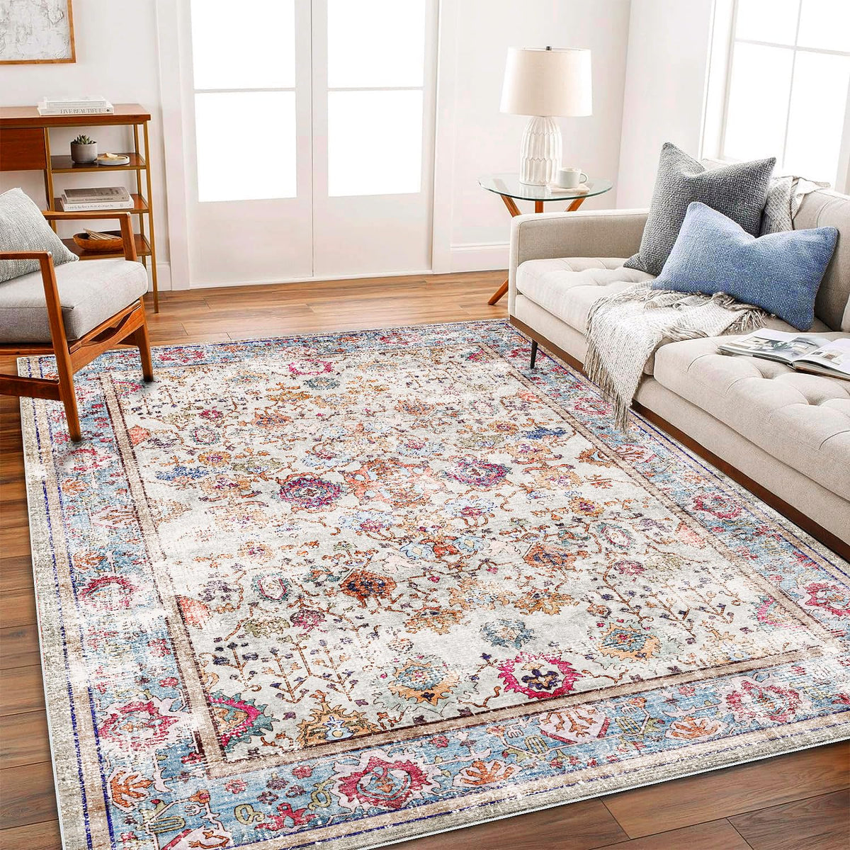 CHAMPLANT 6'x9' Washable Vintage Area Rug Boho Chic Medallion Distressed Design Non-Shedding Easy Care Ideal for High Traffic Areas in Living Room Bedroom Kitchen Office Large Carpet