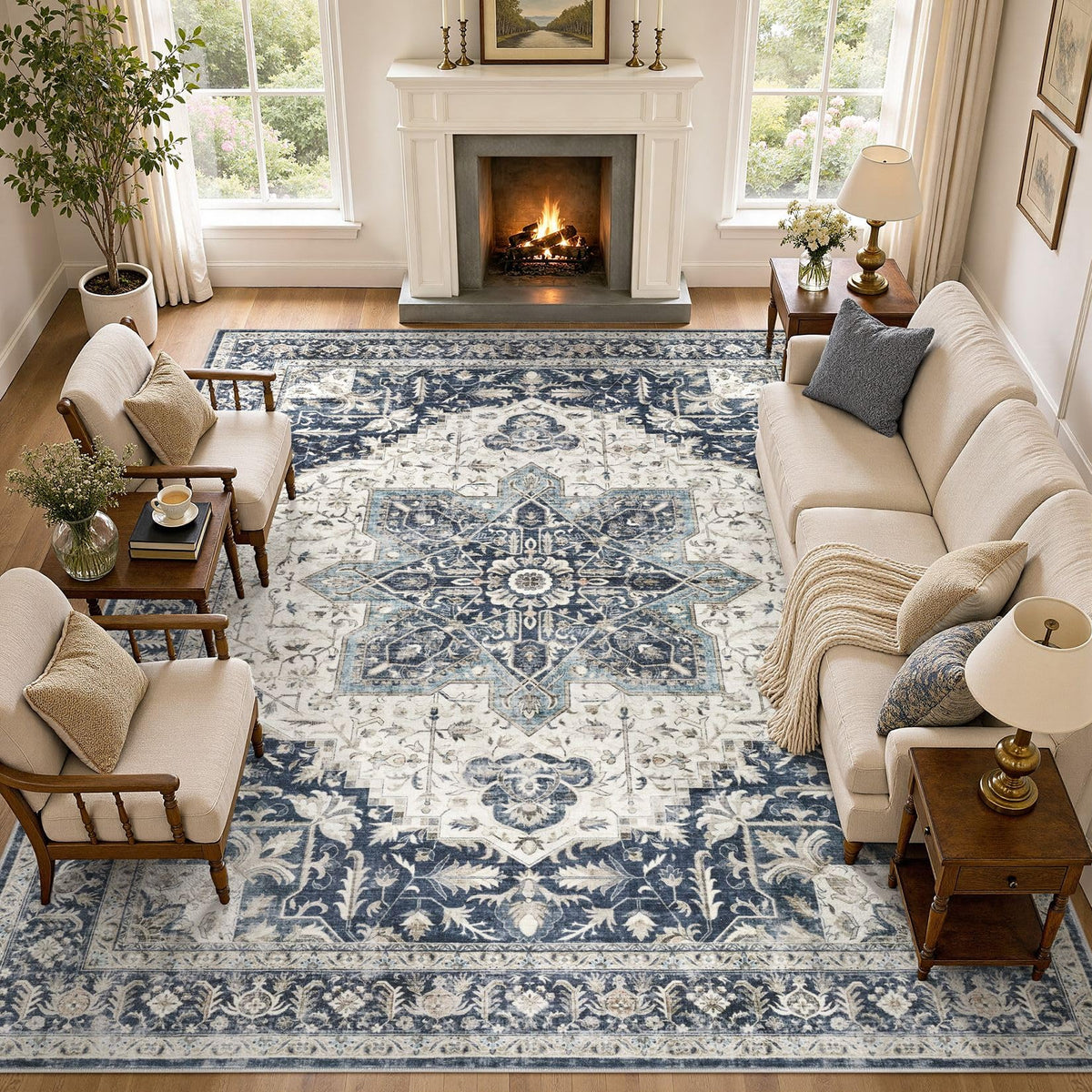 Tortania Area Rug 5x7 Living Room Rug Washable Soft Cream/Blue