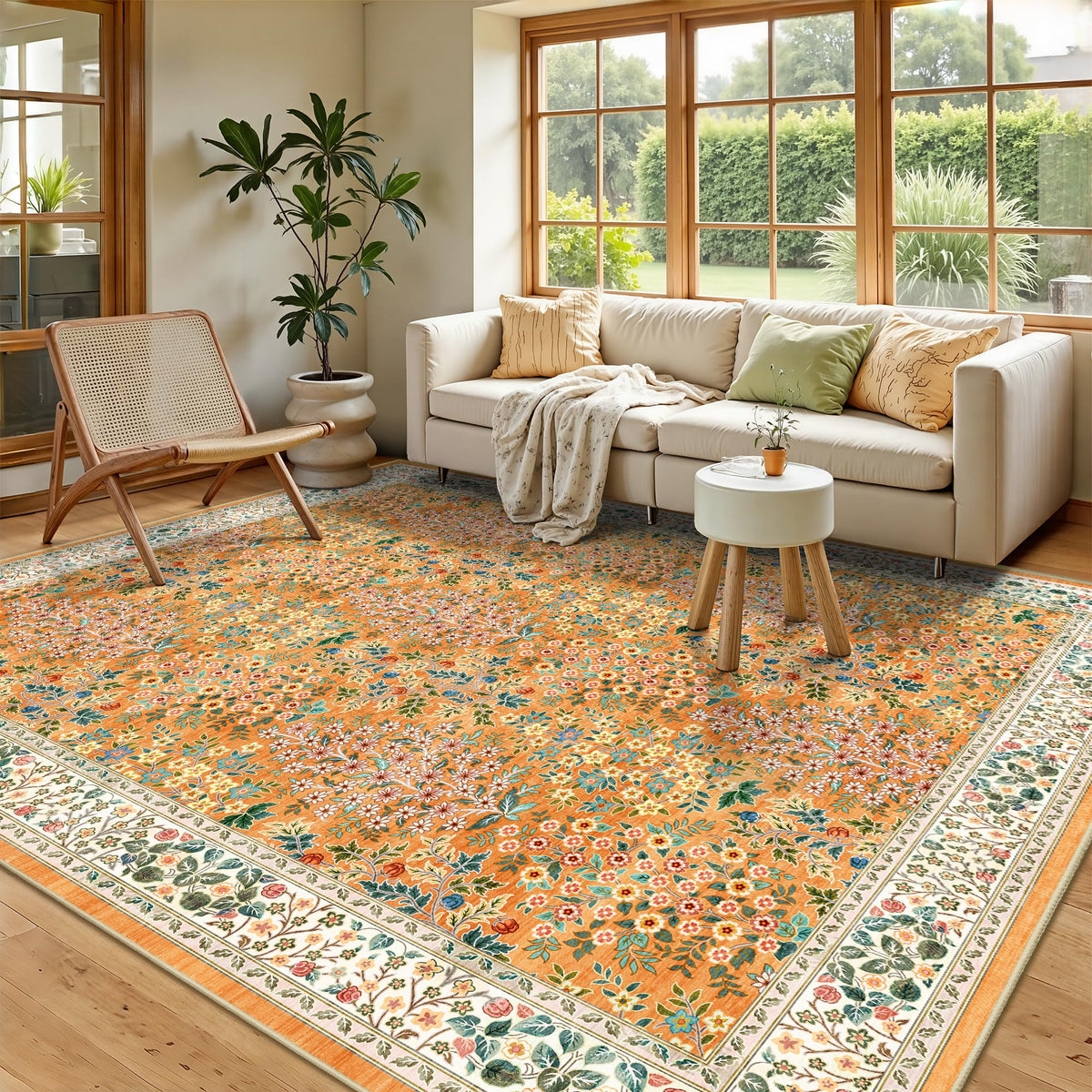 8x10 Area Rugs, Machine Washable Low Pile Floral Rugs for Living Room, Bedroom, Large Boho Area Rug with Non-Slip Backing for Dining Room(Beige Floral)