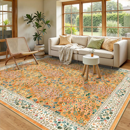 8x10 Area Rugs, Machine Washable Low Pile Floral Rugs for Living Room, Bedroom, Large Boho Area Rug with Non-Slip Backing for Dining Room(Beige Floral)