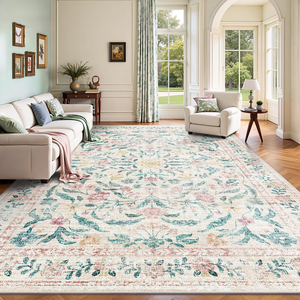 8x10 Area Rugs, Machine Washable Low Pile Floral Rugs for Living Room, Bedroom, Large Boho Area Rug with Non-Slip Backing for Dining Room(Beige Floral)